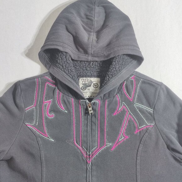 Fox Sherpa Hoodie women's junior size XL black colour with purple graphic design - Picture 2 of 11